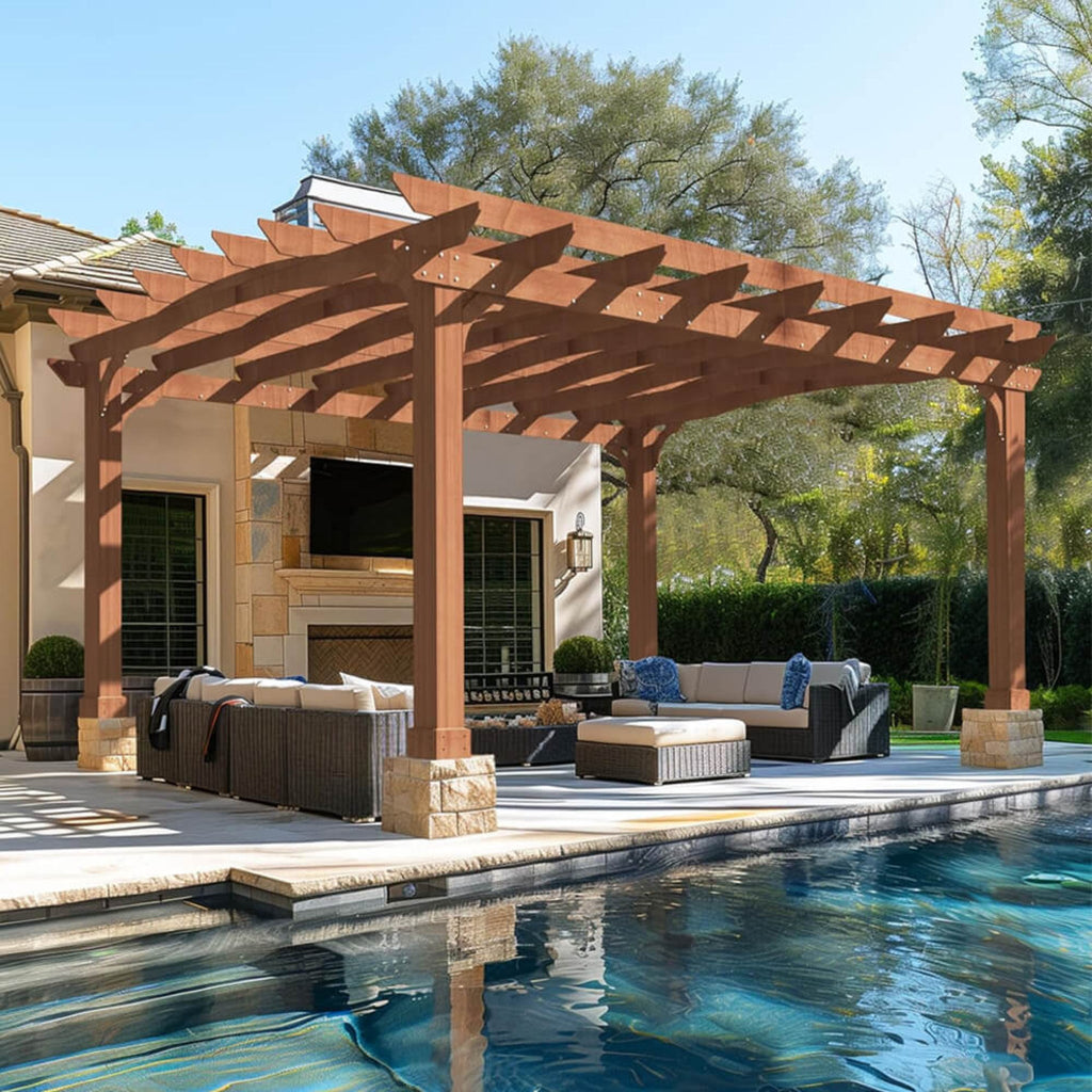 [12X14FT] Alora Luxury Outdoor All-Season Backyard Cedar Wood Gazebo Pergola With Arched Roof And Stakes For Patios (SAK68194