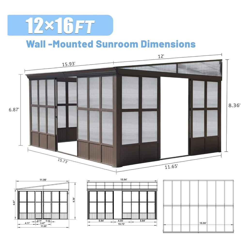 [12x16FT] Alora Pavilion Extra-Large All-Season Outdoor Wall-Mounted Sunroom Solarium With Detachable Polycarbonate Windows A