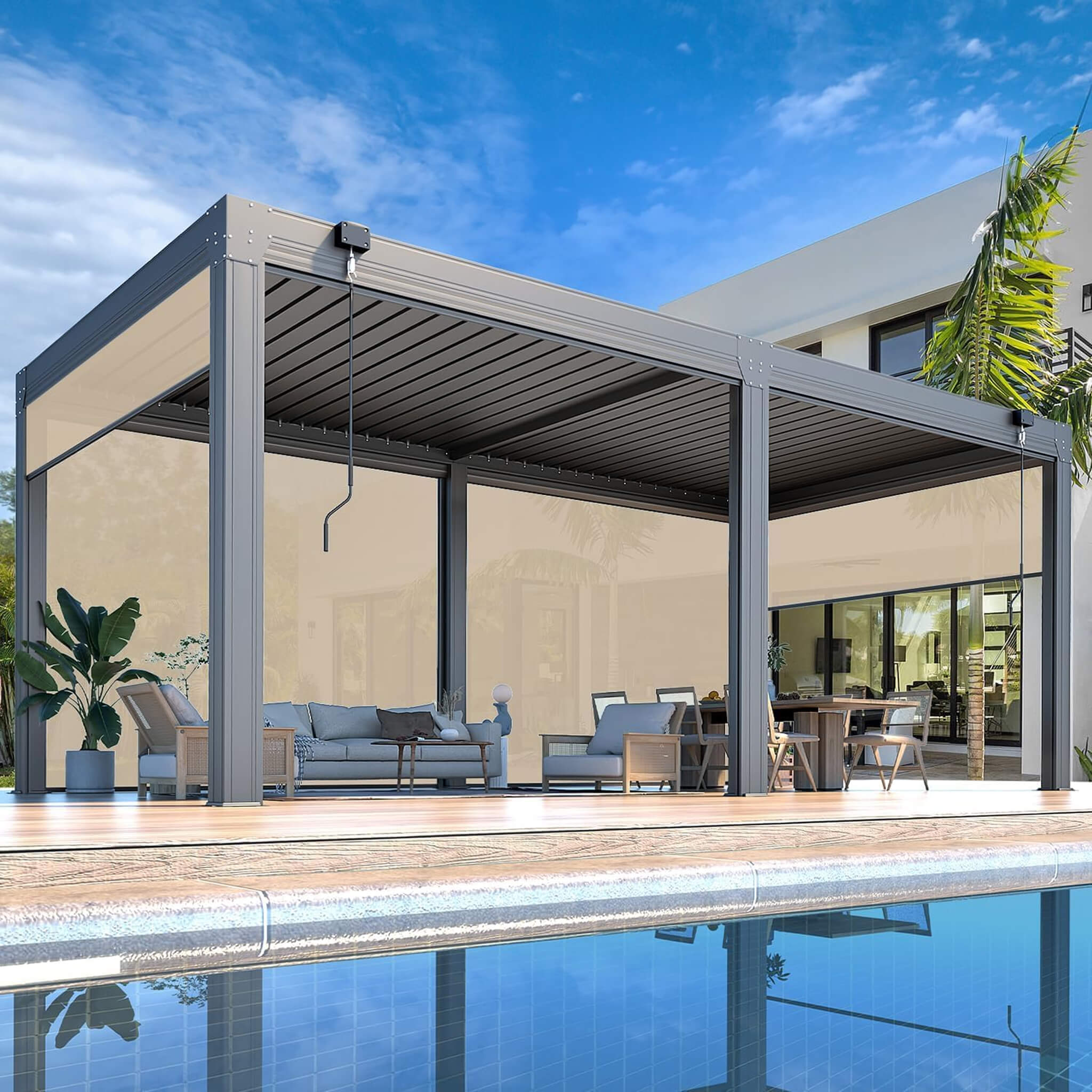 Alora Louvered Aluminum Pergola With Adjustable Roof And Pull-Down Screens (SAK46817) – SAKSBY WHOLESALE, view 9