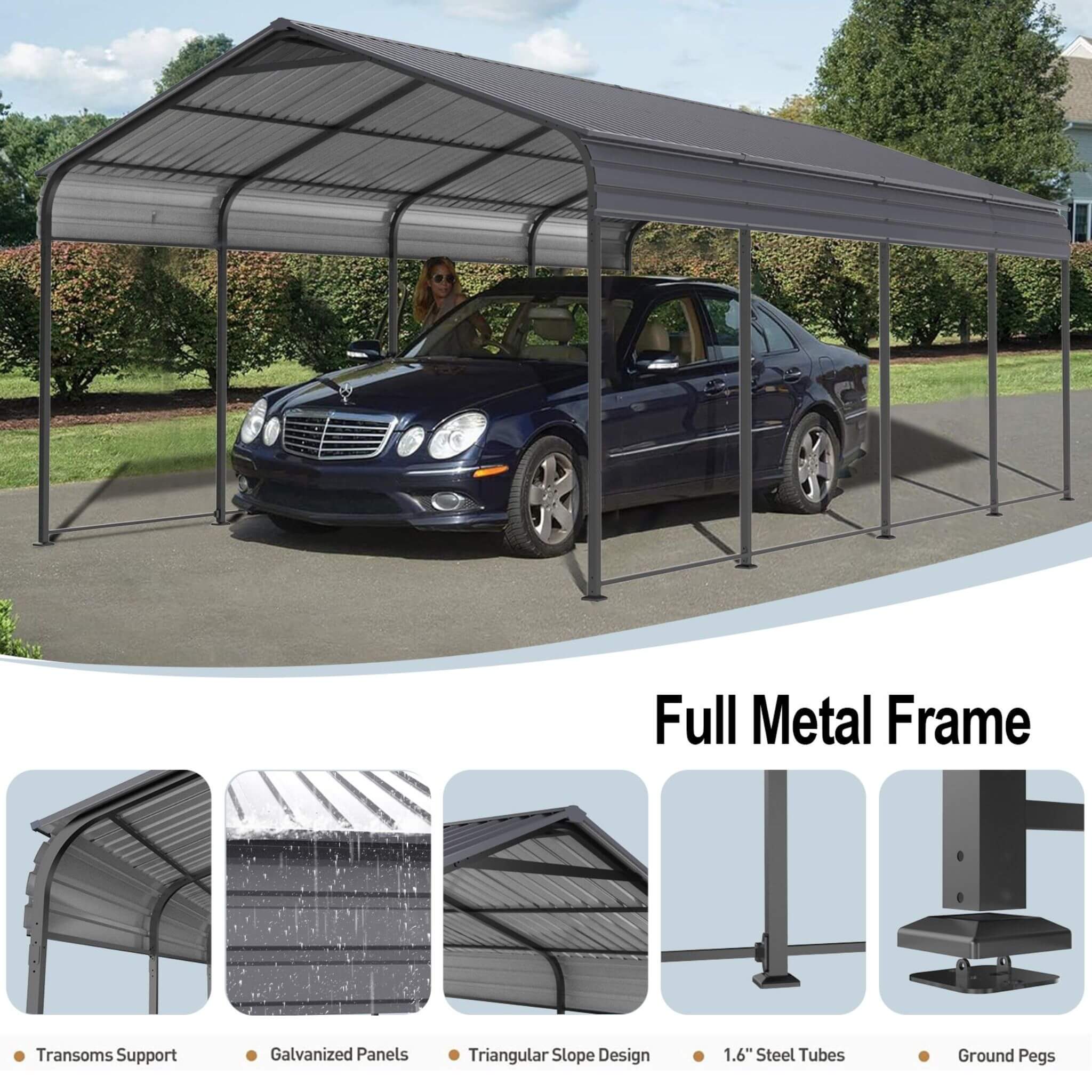 [12X20FT] Alora Heavy-Duty Metal Carport With Galvanized Steel Roof For Car, Boats And Trucks, Gray (SAK95562) – SAKSBY WHOLE
