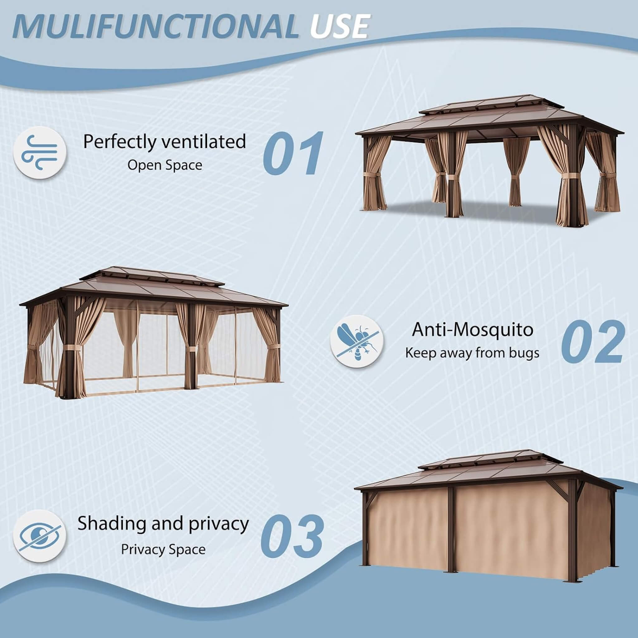 [12X20FT] Alora Premium Aluminum Outdoor Polycarbonate Hardtop Gazebo With Netting & Curtains (SAK36580) – SAKSBY WHOLESALE, 