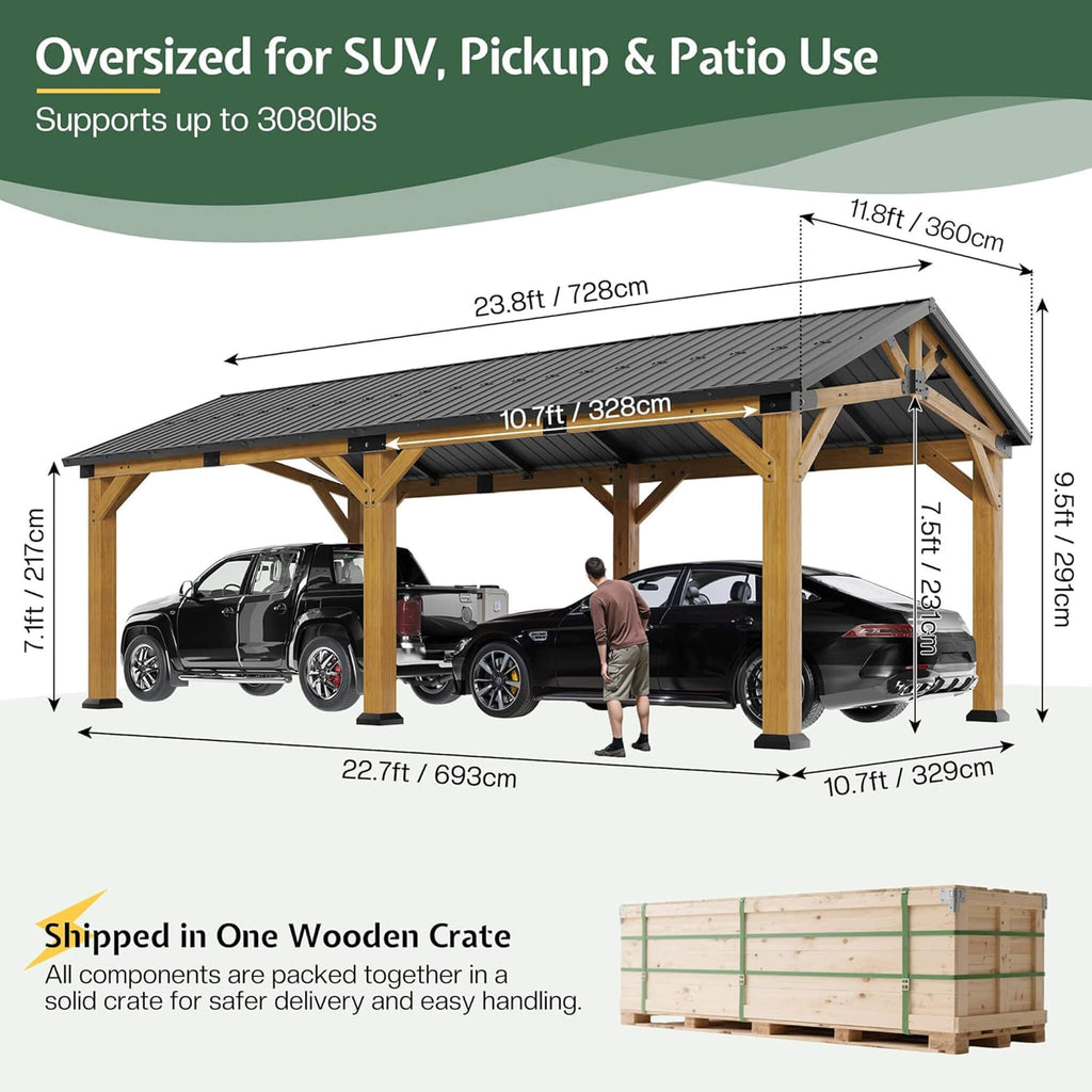 [12X24FT] Alora Large Heavy-Duty Outdoor Cedar Wood Hardtop Carport With Galvanized Steel Roof (SAK48392) – SAKSBY WHOLESALE,