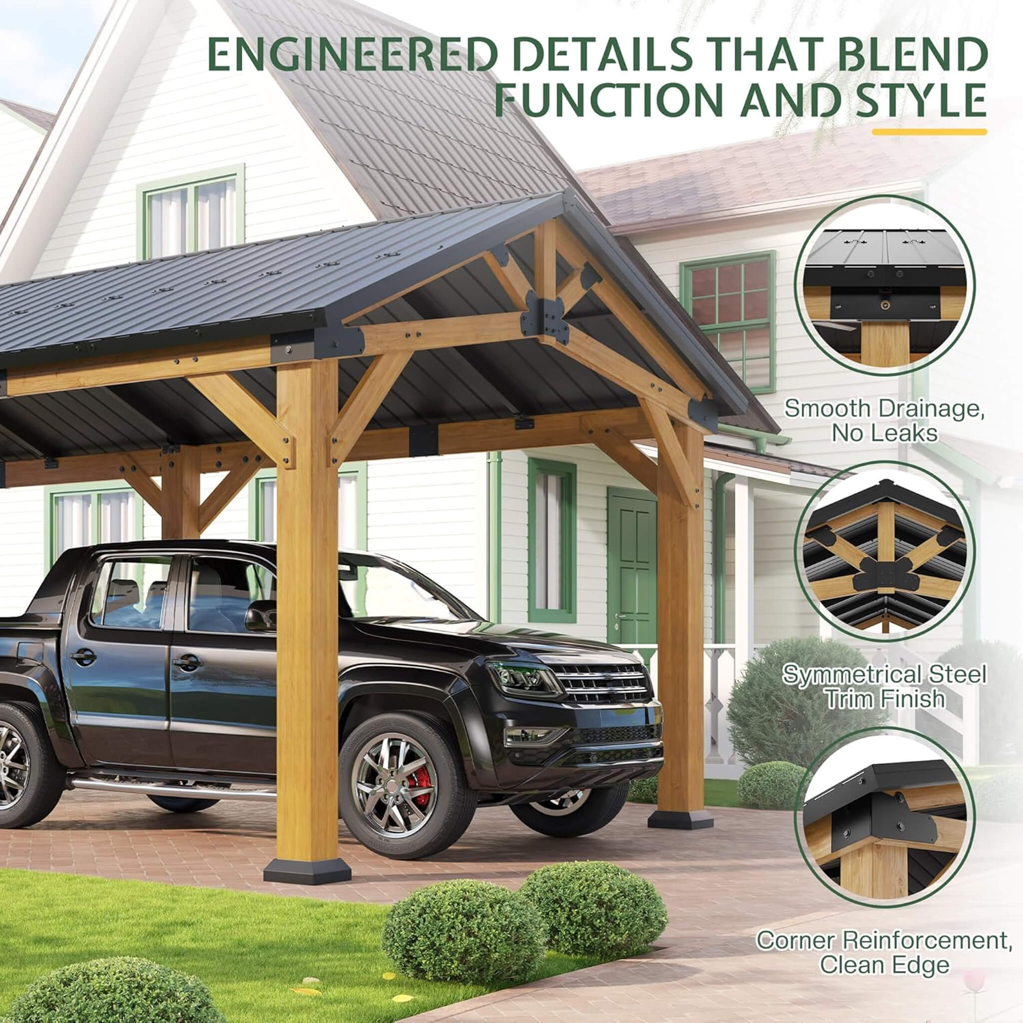 [12X24FT] Alora Large Heavy-Duty Outdoor Cedar Wood Hardtop Carport With Galvanized Steel Roof (SAK48392) – SAKSBY WHOLESALE,