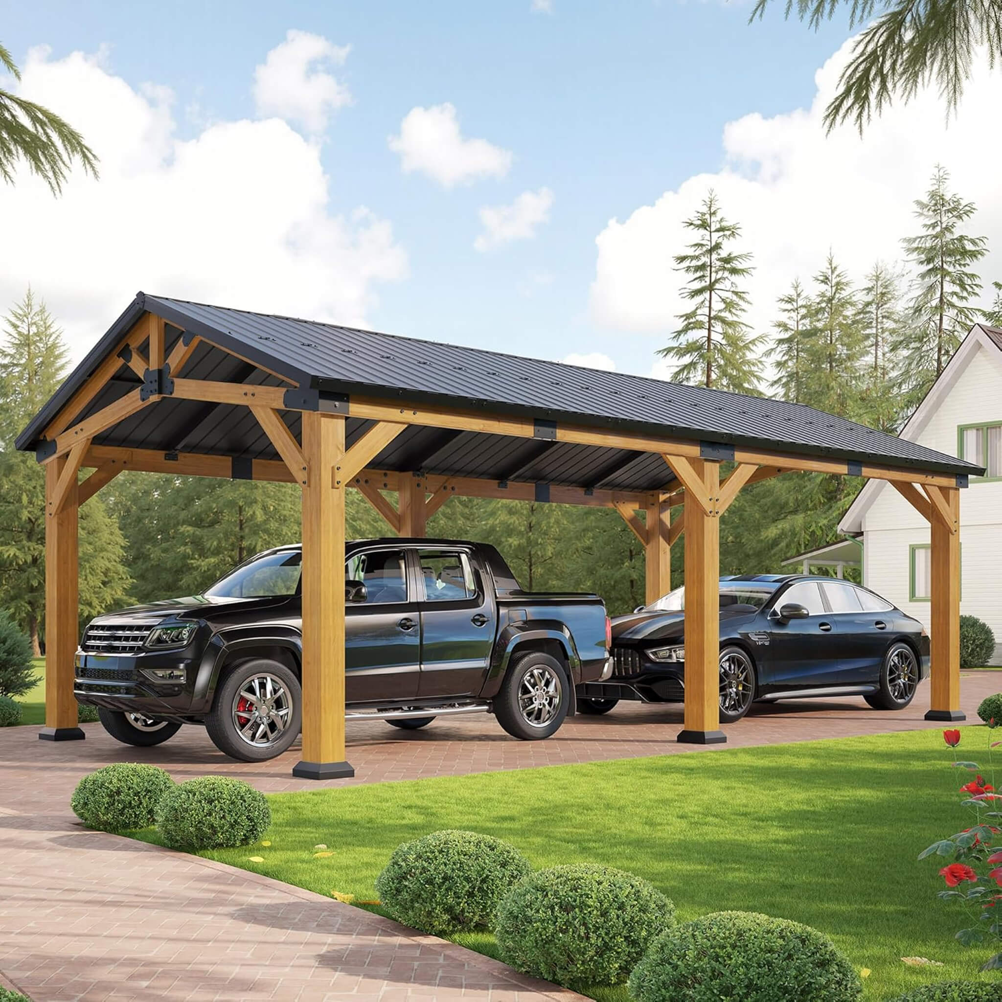 [12X24FT] Alora Large Heavy-Duty Outdoor Cedar Wood Hardtop Carport With Galvanized Steel Roof (SAK48392) – SAKSBY WHOLESALE
