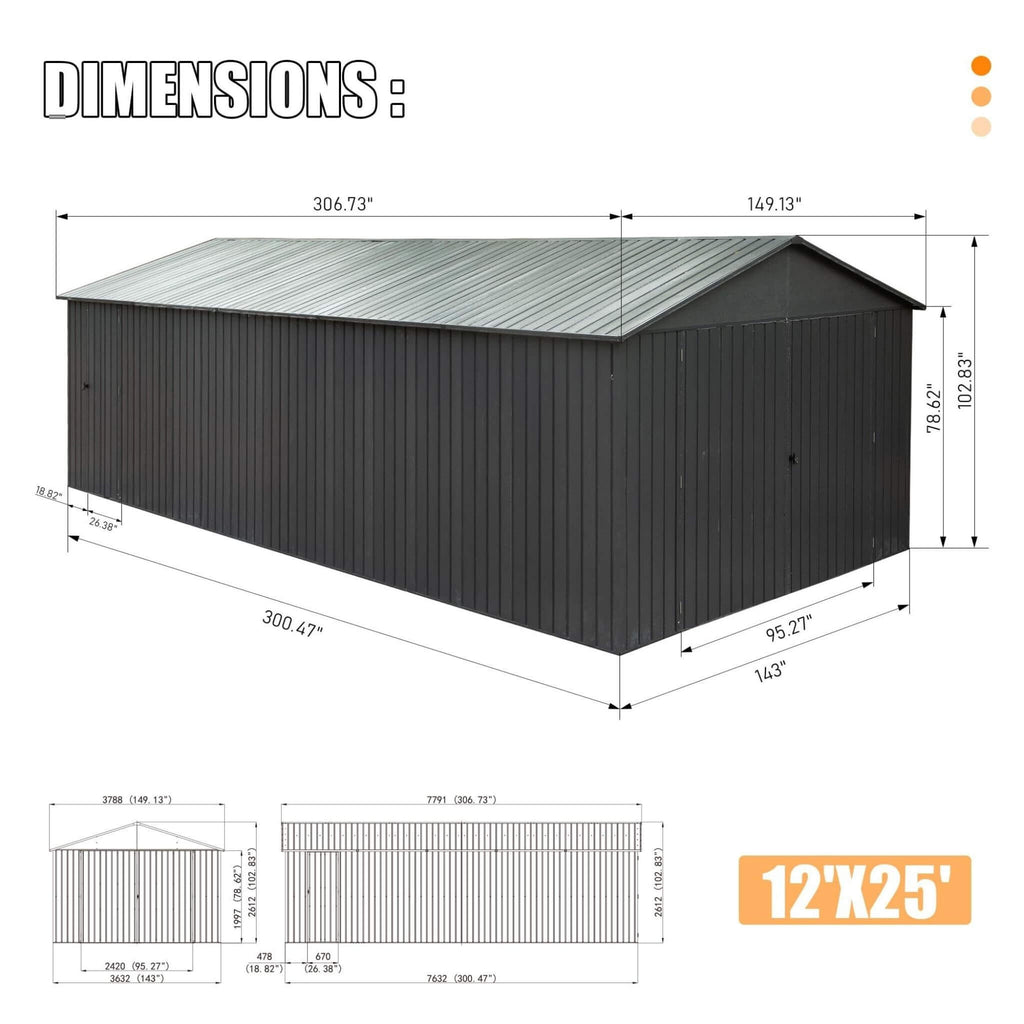 [12X25FT] Alora Extra Large Heavy-Duty Outdoor Metal Carport Garage Shed With Lockable Double Hinged Doors (SAK34153) – SAKSB