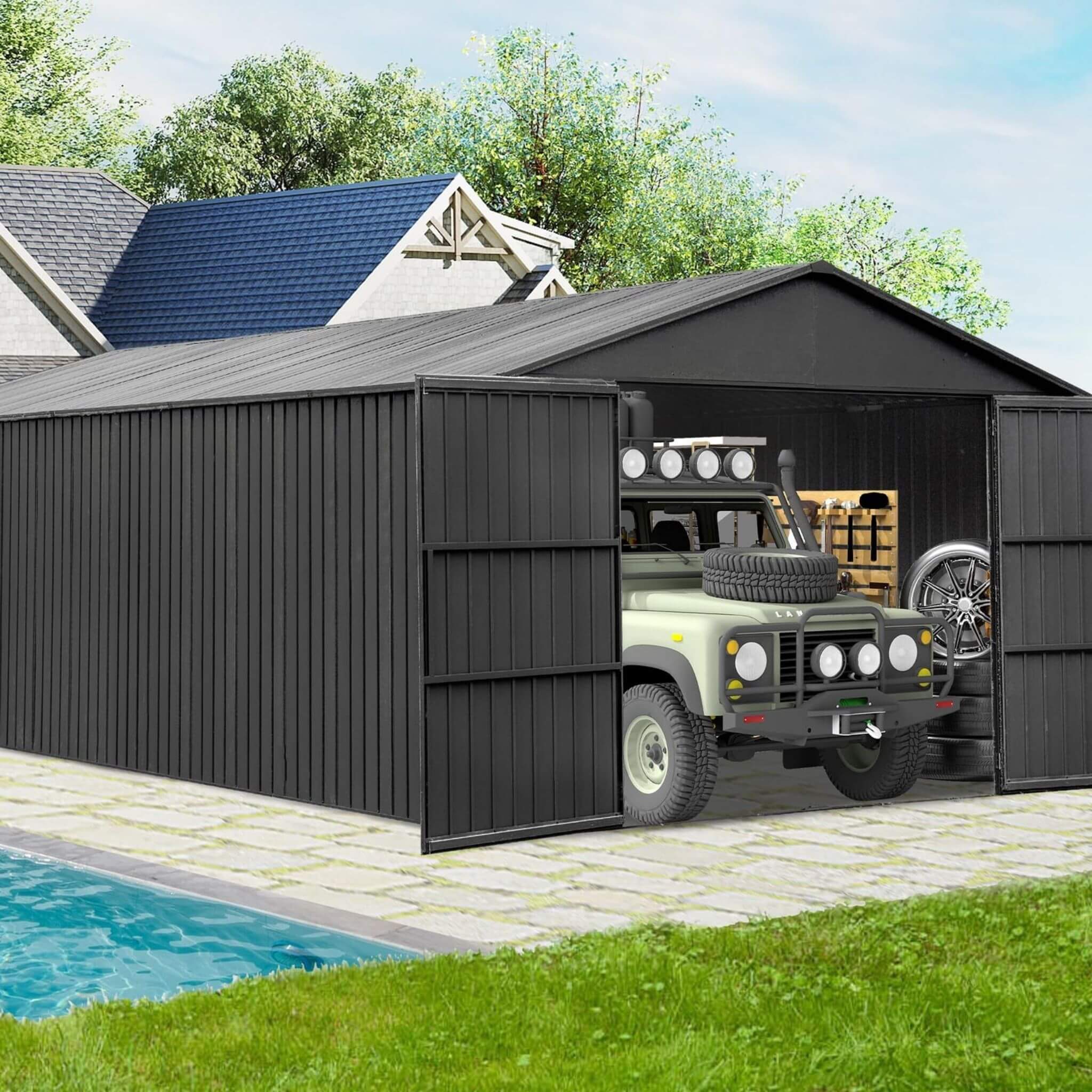 [12X25FT] Alora Extra Large Heavy-Duty Outdoor Metal Carport Garage Shed With Lockable Double Hinged Doors (SAK34153) – SAKSB