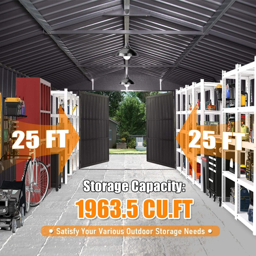[12X25FT] Alora Extra Large Heavy-Duty Outdoor Metal Carport Garage Shed With Lockable Double Hinged Doors (SAK34153) – SAKSB