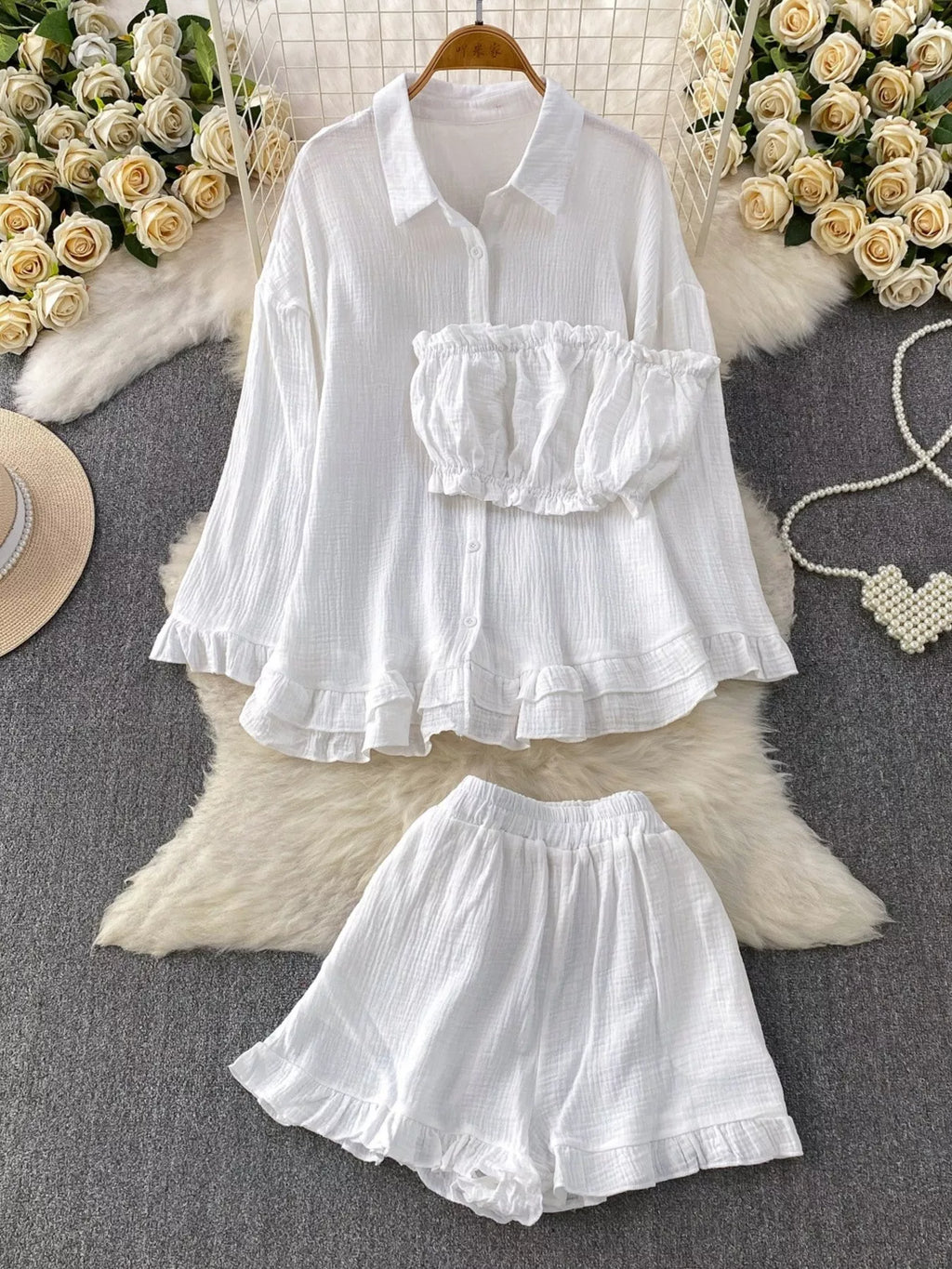 Tube Top & Long Sleeve Shirt & Shorts 3 Piece Set