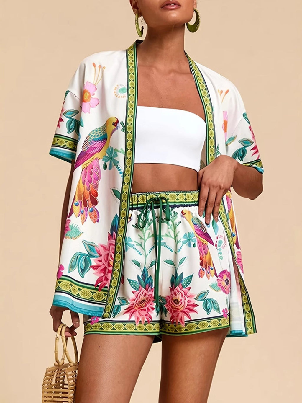 Printed Open Front Cardigan and Shorts Set