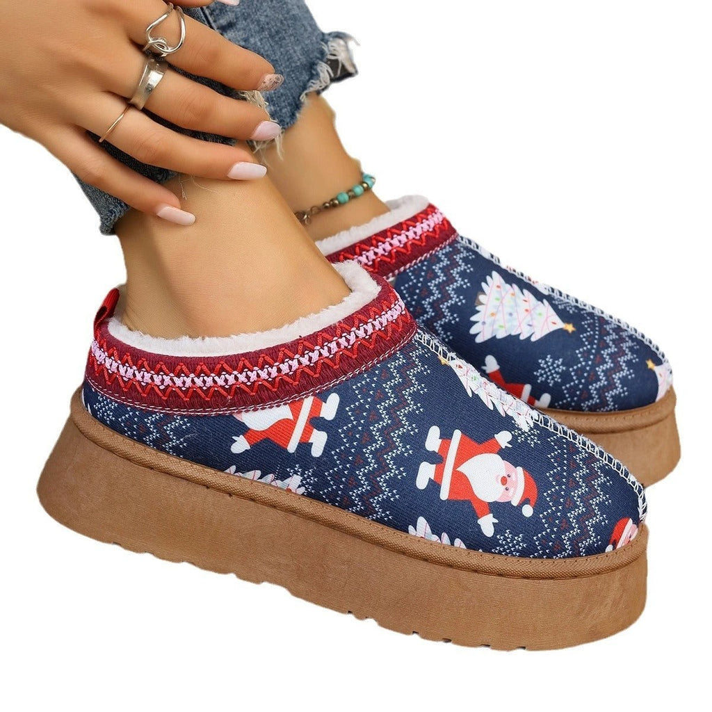 Mandotos Christmas Cartoon Print Plush Lined Slip On Navy Ankle Boots For Women Indoor Home Shoes