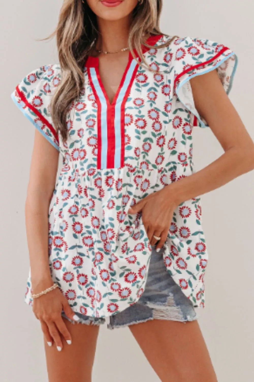 Floral Print Ruffle Sleeve Blouse