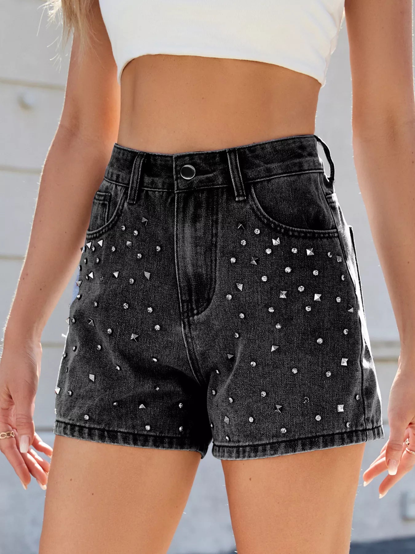Studded High Waist Denim Shorts