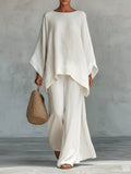 Solid Color Long Sleeve Top and Wide Leg Pants Set