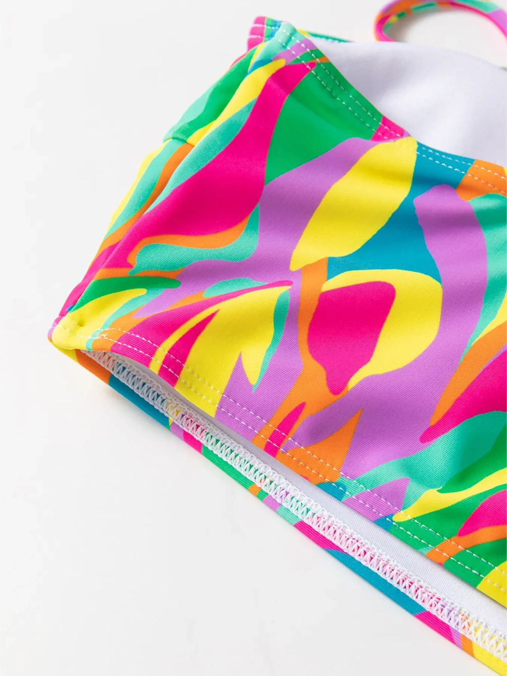 Multicolour Abstract Print Textured Spaghetti Strap High Waist Bikini Set