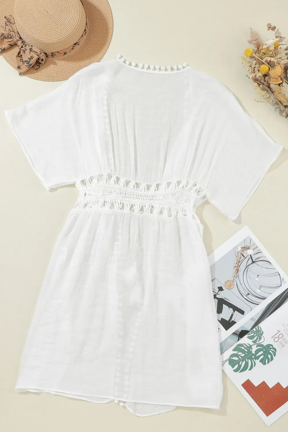 Pom Pom Trim Drawstring Waist Cover-Up