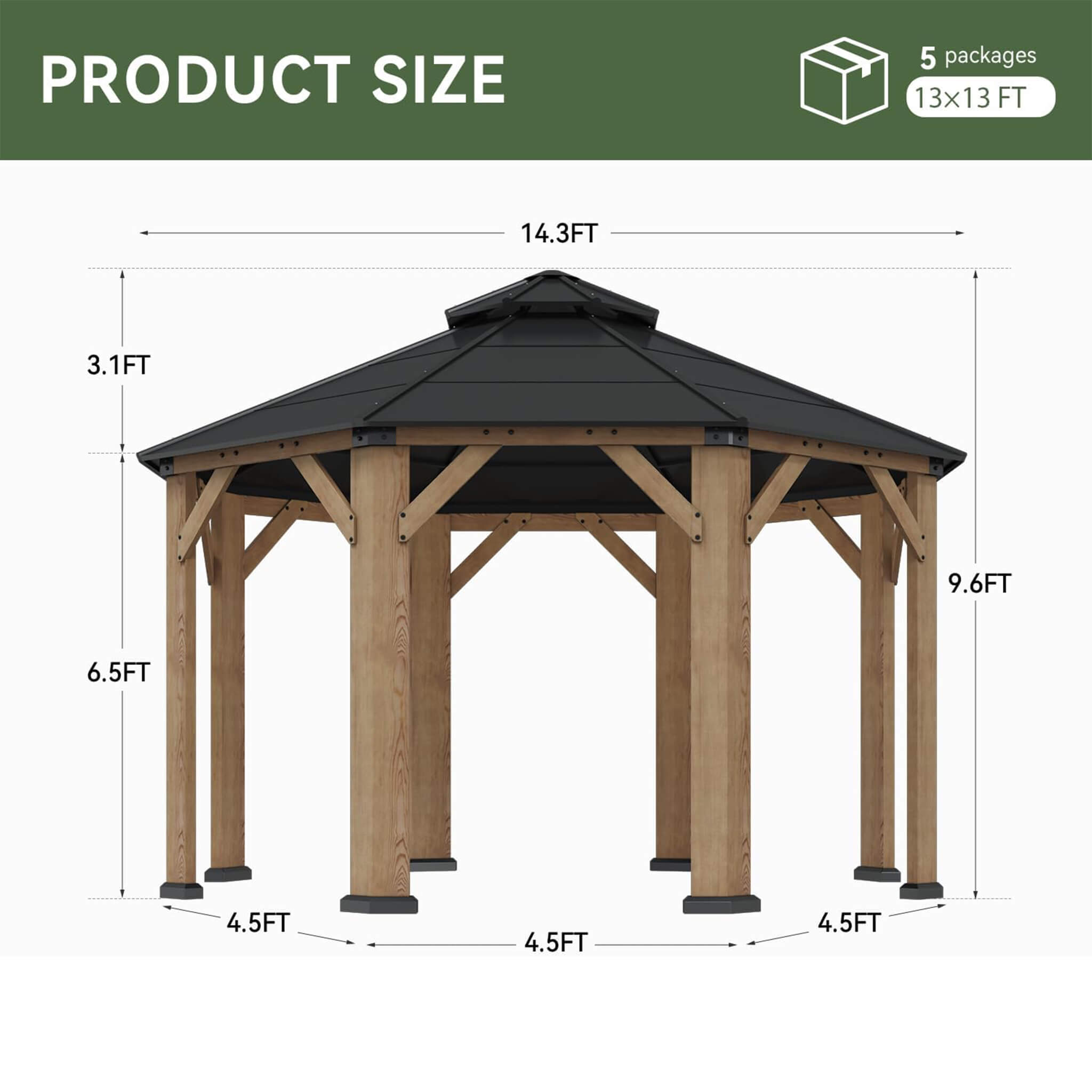 [13X13FT] Alora Cedar Wood Galvanized Steel Octagonal Hardtop Double Roof Gazebo (SAK17468) – SAKSBY WHOLESALE, view 8