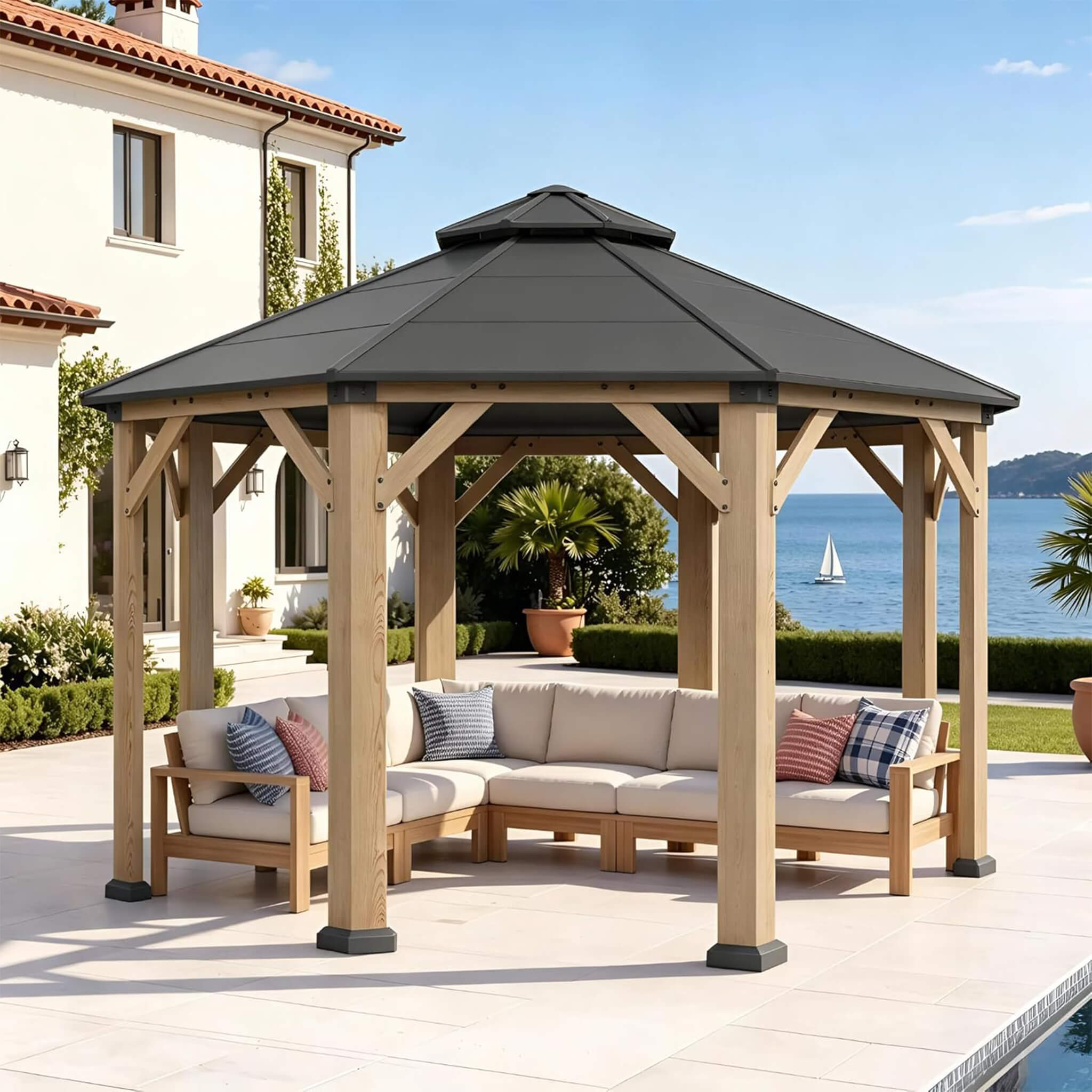[13X13FT] Alora Cedar Wood Galvanized Steel Octagonal Hardtop Double Roof Gazebo (SAK17468) – SAKSBY WHOLESALE