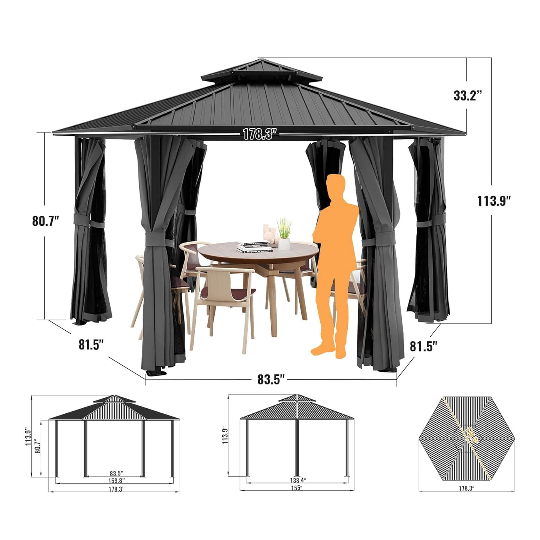 [13X15FT] Alora Hardtop Hexagonal Gazebo With Curtains And Netting [No Furniture] (SAK60713) – SAKSBY WHOLESALE, view 8