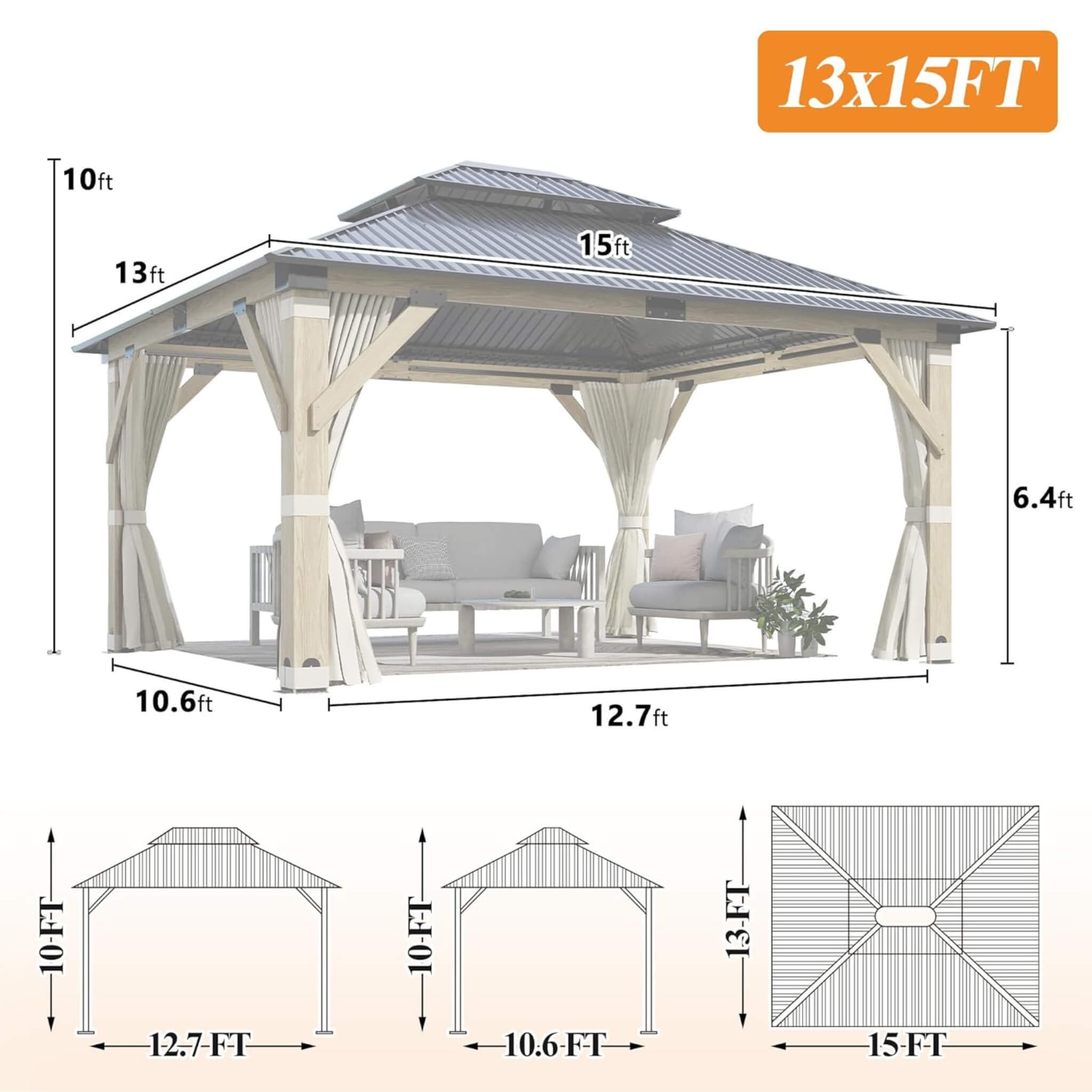 [13X15FT] Alora Outdoor Wooden Double-Top Gazebo With Curtains (SAK60781) – SAKSBY WHOLESALE, view 9