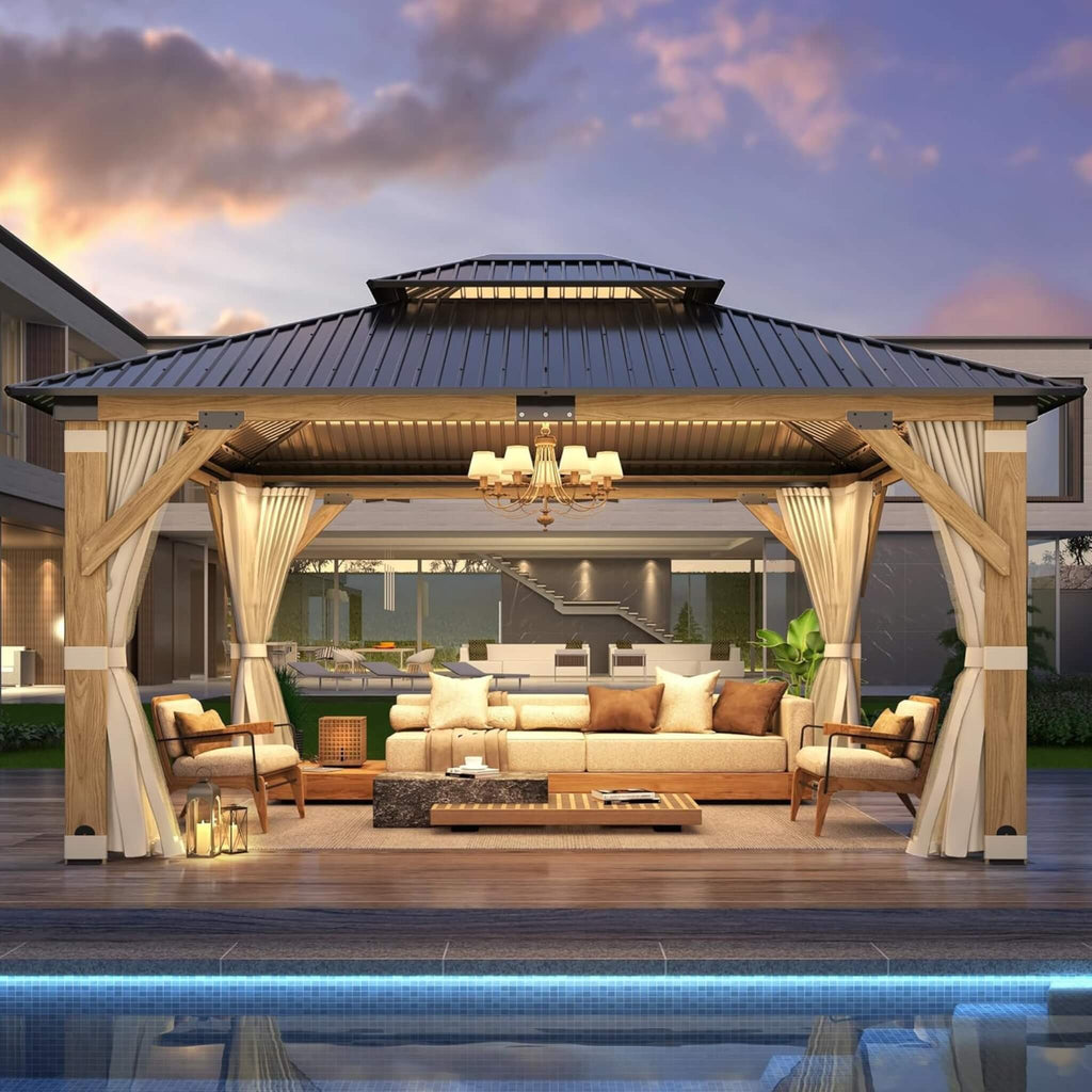 [13X15FT] Alora Outdoor Wooden Double-Top Gazebo With Curtains (SAK60781) – SAKSBY WHOLESALE