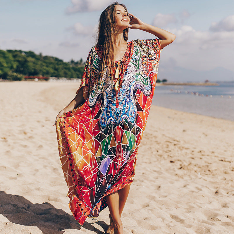 Bella Mia Quick Drying Silky Marbling Robe Vacation Loose Beach Maxi Dress Bikini Swimsuit Blouse — alternate view