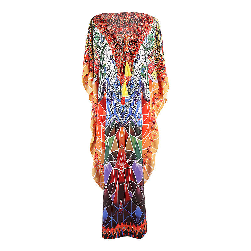 Bella Mia Quick Drying Silky Marbling Robe Vacation Loose Beach Maxi Dress Bikini Swimsuit Blouse — branding close-up