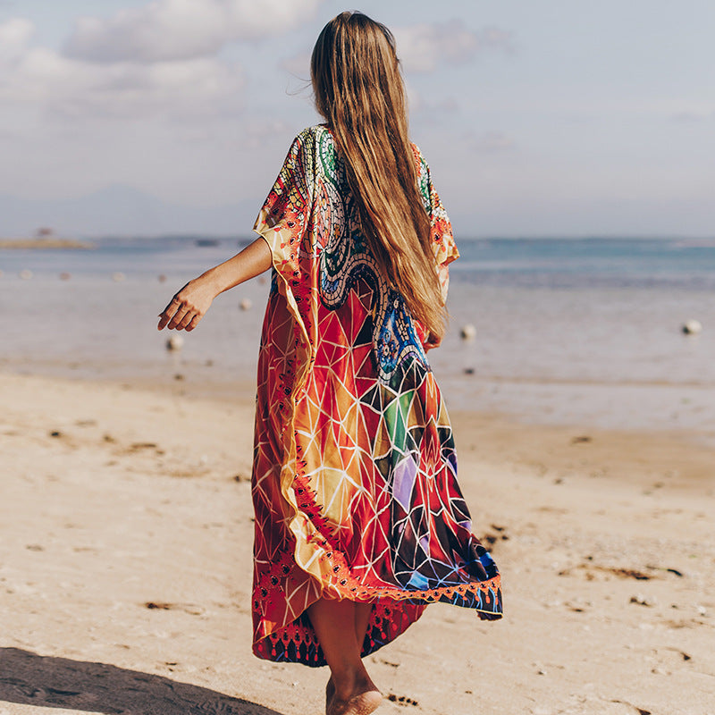 Bella Mia Quick Drying Silky Marbling Robe Vacation Loose Beach Maxi Dress Bikini Swimsuit Blouse — lifestyle context