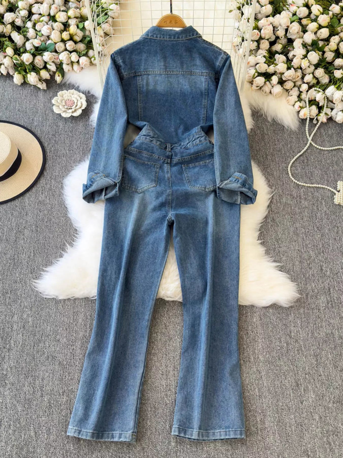 Button Front Wide Leg Denim Jumpsuit