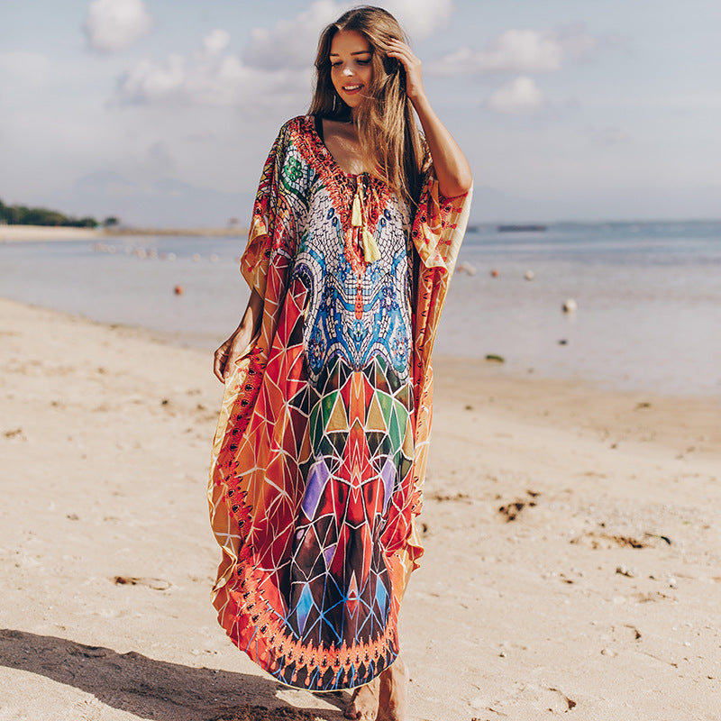 Bella Mia Quick Drying Silky Marbling Robe Vacation Loose Beach Maxi Dress Bikini Swimsuit Blouse — detail and construction