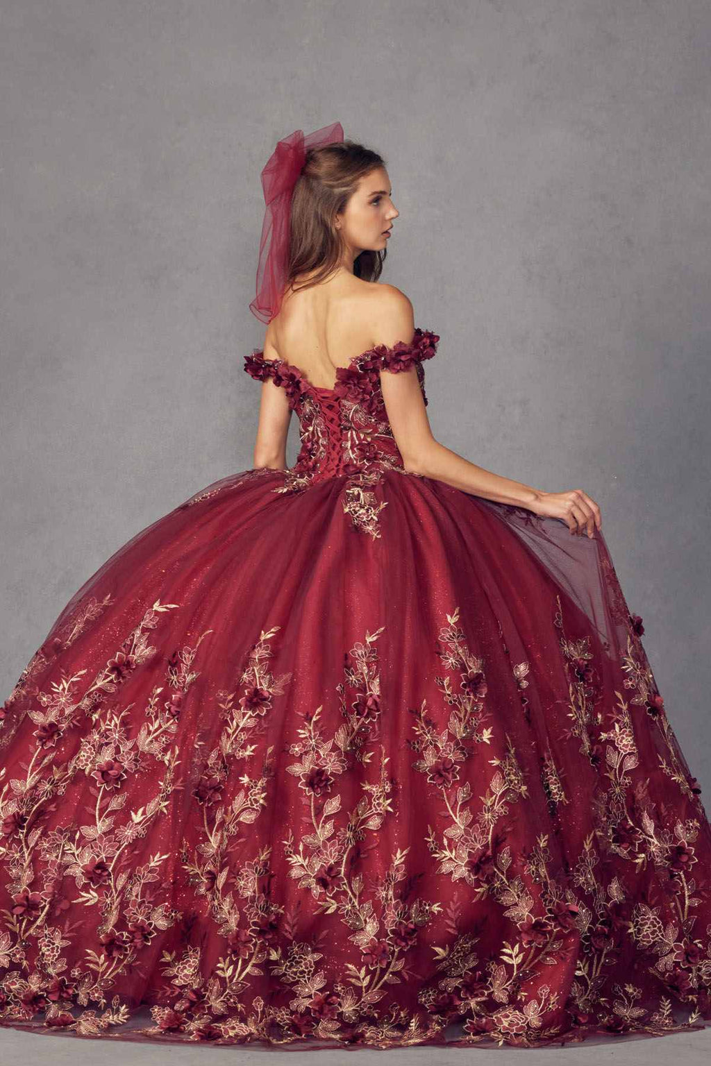 Juliet 1447 Long 3D Floral Appliques Off Shoulder Poofy Ball Gown