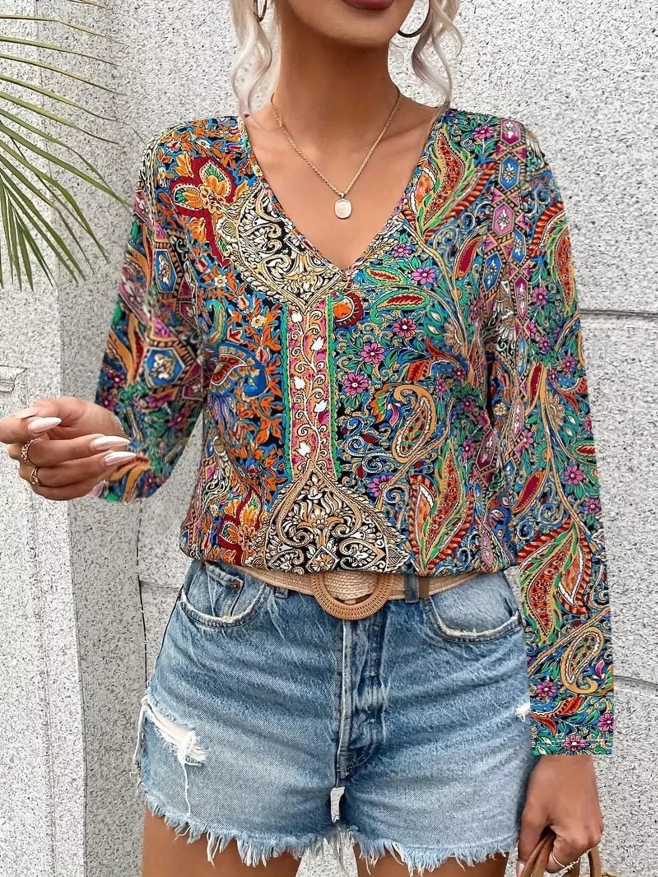 Paisley Print V-Neck Long Sleeve Blouse
