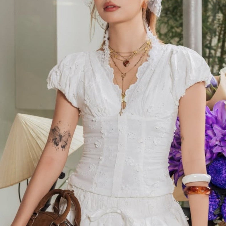Bella Mia Vietnam Niche Sweet Embroidered Hollow Out Cutout Three Dimensional Jacquard Design Back Zipper Puff Sleeve V neck Shirt Top — main product shot