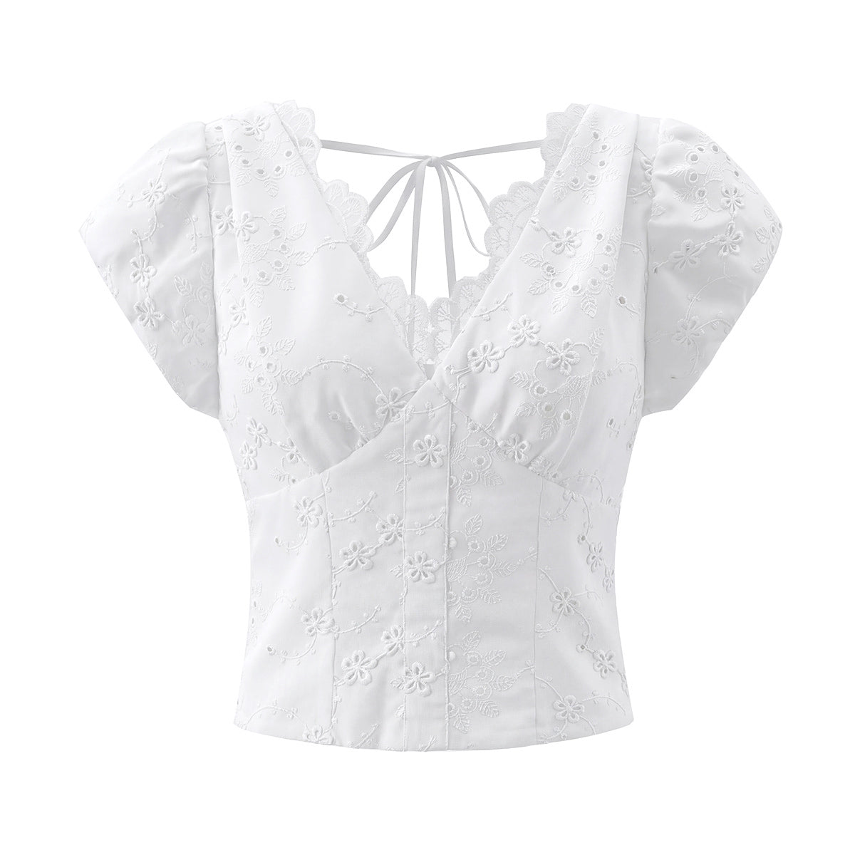 Bella Mia Vietnam Niche Sweet Embroidered Hollow Out Cutout Three Dimensional Jacquard Design Back Zipper Puff Sleeve V neck Shirt Top — detail and construction