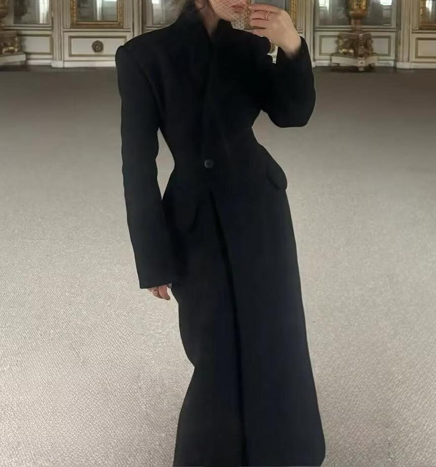 Women Solid Color Slim One Button Long Long Sleeve Collared Coat