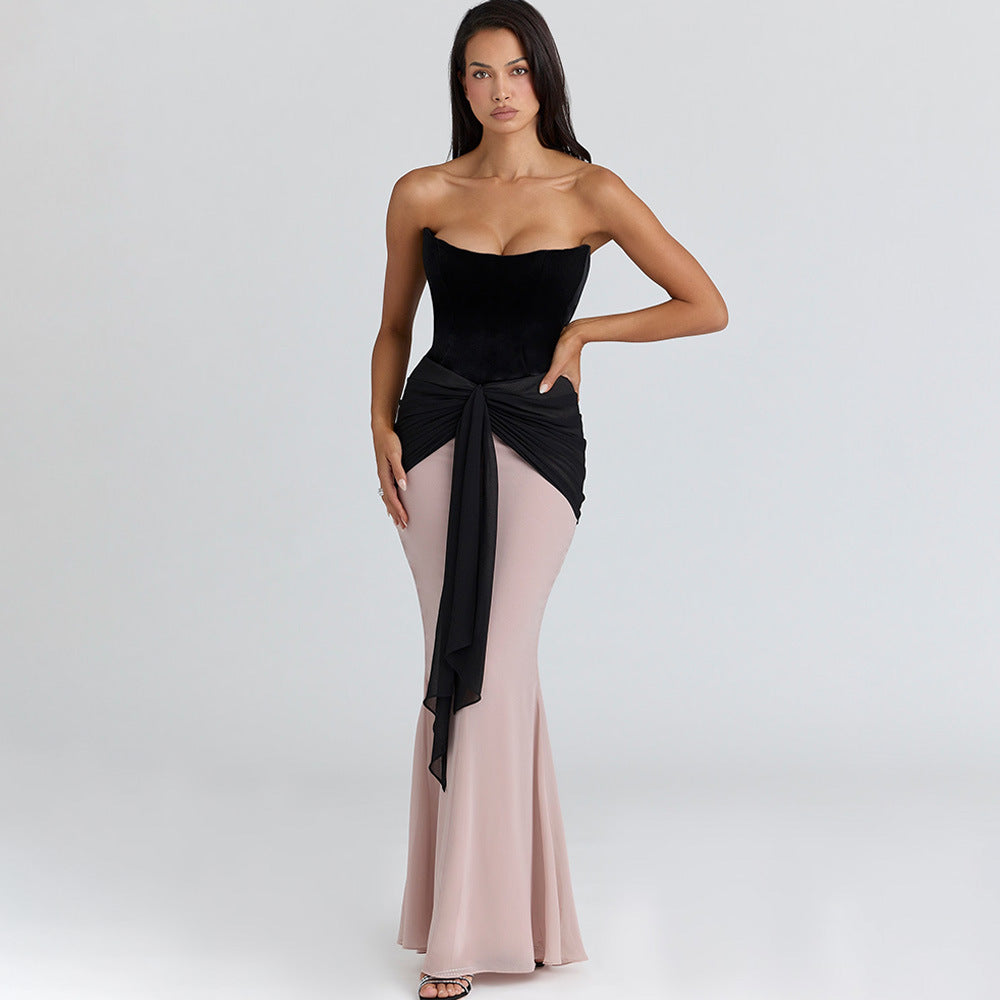 Bella Mia Pleated Ribbon Slim Fit High Waist Dress Sexy Wrapped Chest Waist Color Contrast Patchwork Dress — alternate view
