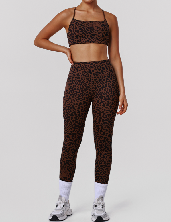 Leopard Print Tight Yoga Women High Waist Hip Raise Pants Thin Strap Beauty Back Exercise Bra Fitness Two Piece Sets