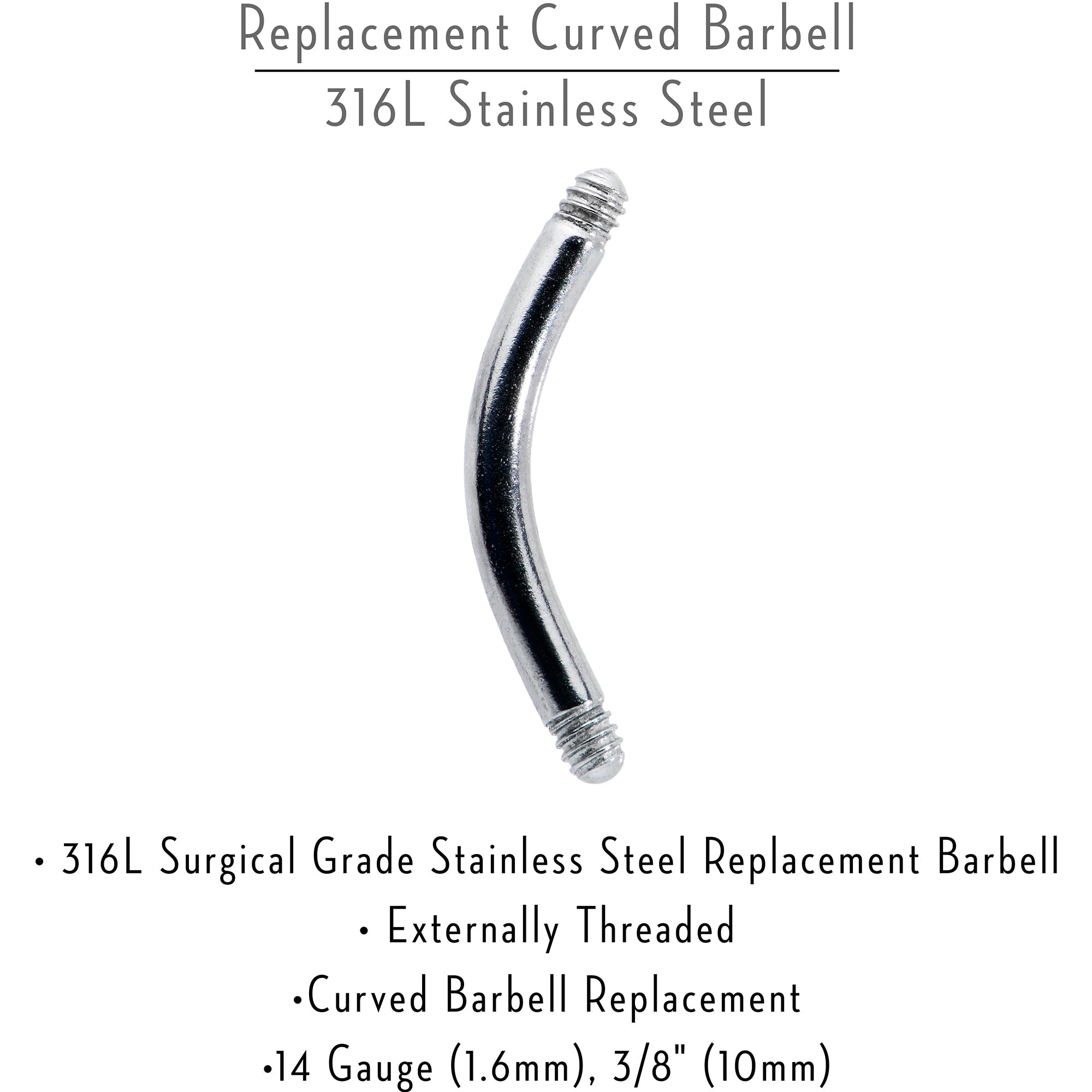 BodyCandy 14G 316l Stainless Steel Replacement Curved Barbell 3/8 — side view