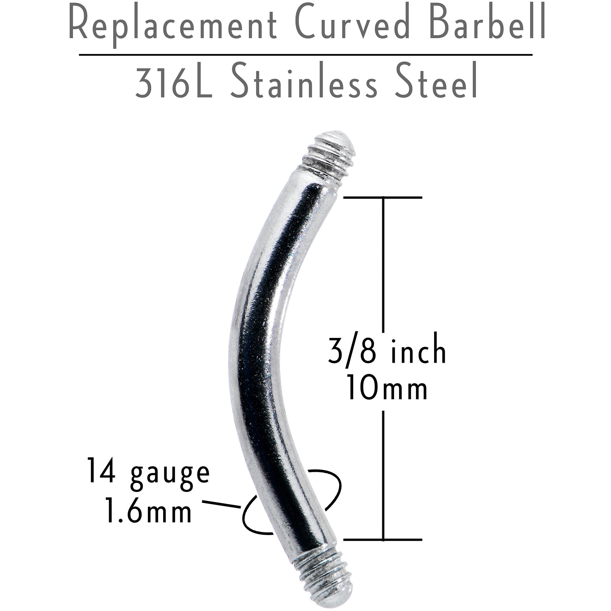 BodyCandy 14G 316l Stainless Steel Replacement Curved Barbell 3/8 — alternative angle