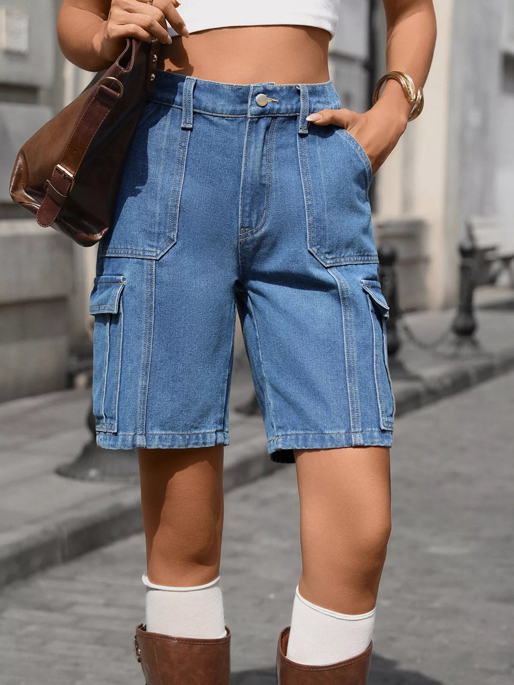 High-Waisted Wash Denim Shorts