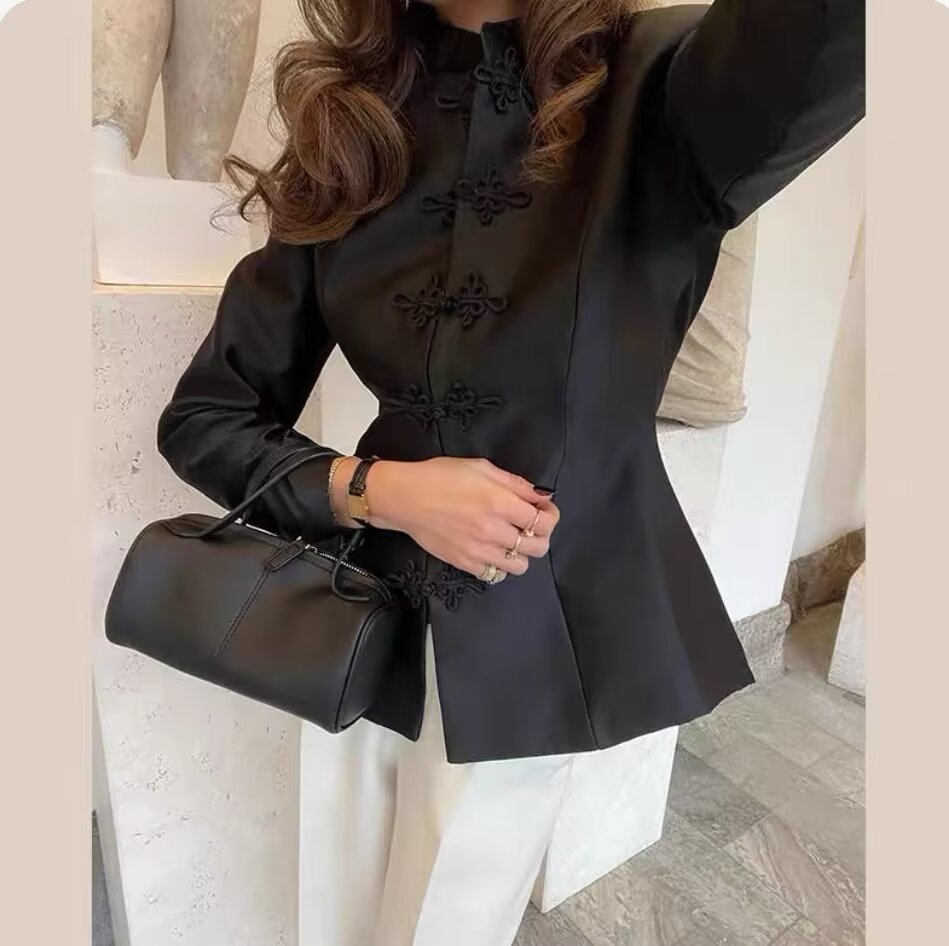 Spring Summer Chinese Coat Black Buckle Chinese Knot Waist Jacket