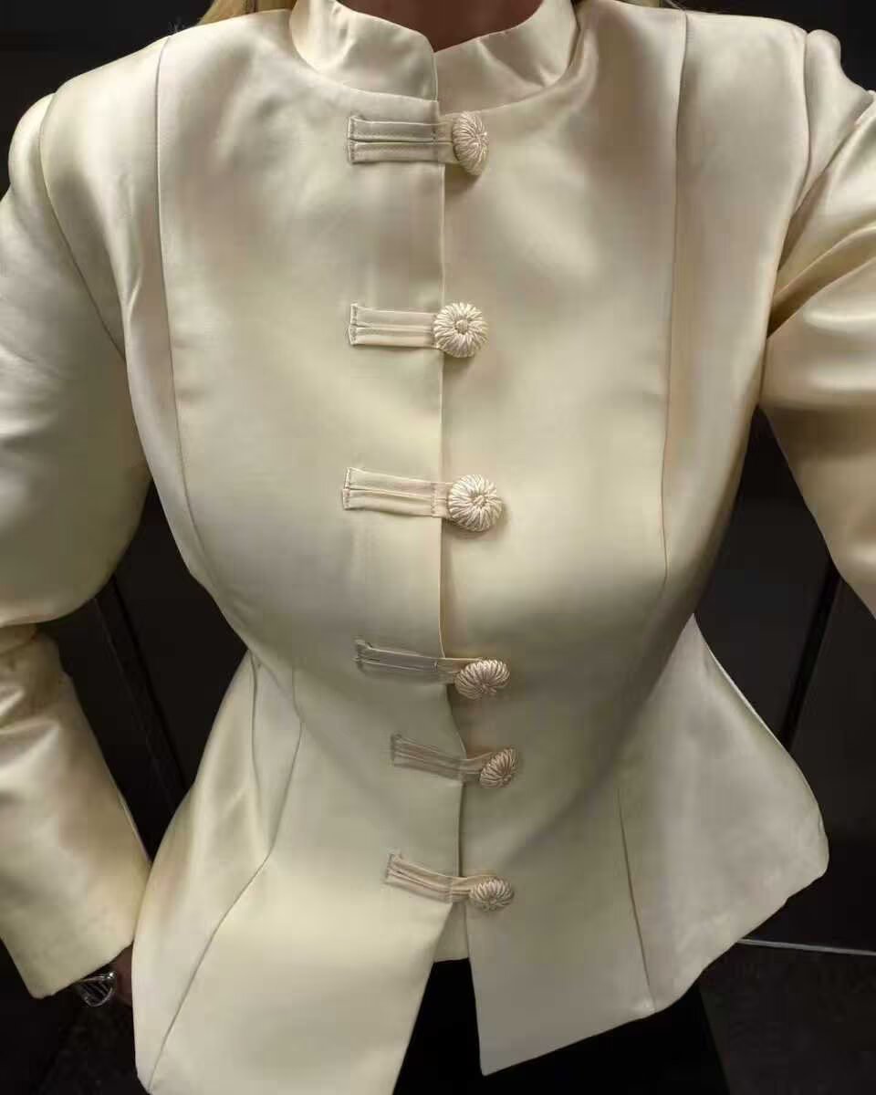 Bella Mia Women Clothing Stand Collar Buckle Satin Jacket Waist Trimming Coat — detail and construction