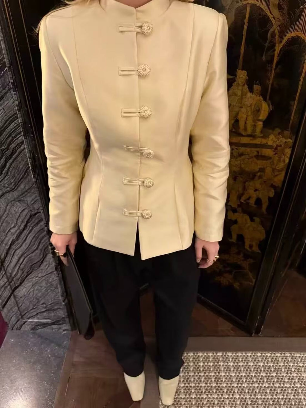 Bella Mia Women Clothing Stand Collar Buckle Satin Jacket Waist Trimming Coat — lifestyle context