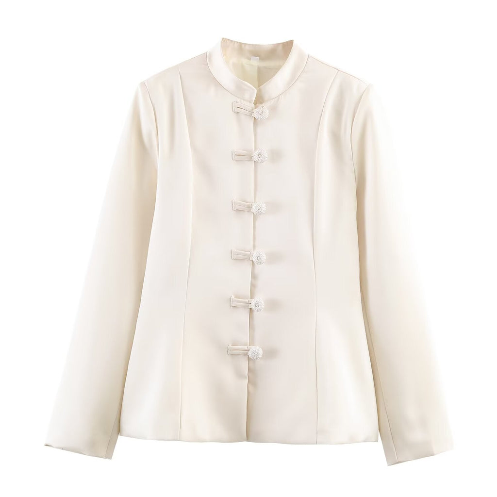 Bella Mia Women Clothing Stand Collar Buckle Satin Jacket Waist Trimming Coat — branding close-up