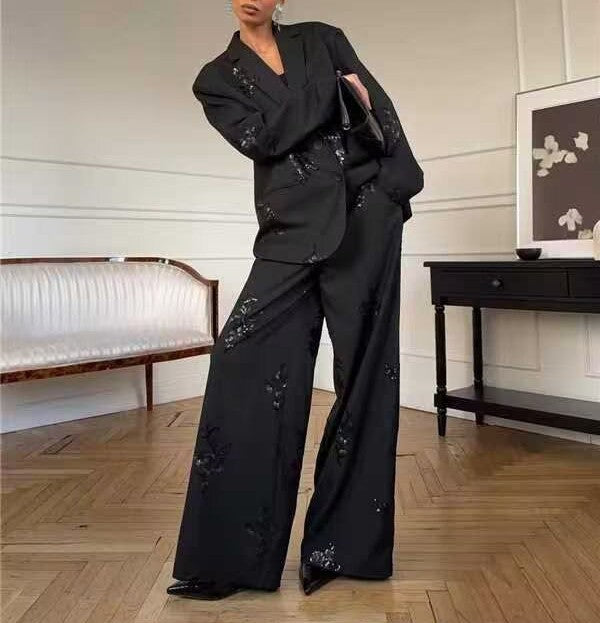 Bella Mia Spring Women Clothing Embroidered Sequ Striped Work Pant Two Piece Sets — main product shot