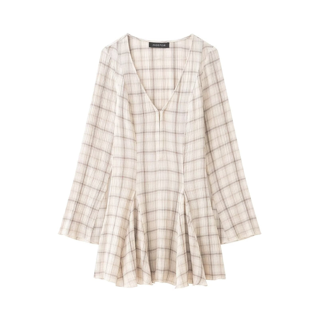 Bella Mia Women Clothing Western Long Sleeve V neck Plaid Short Dress — detail and construction