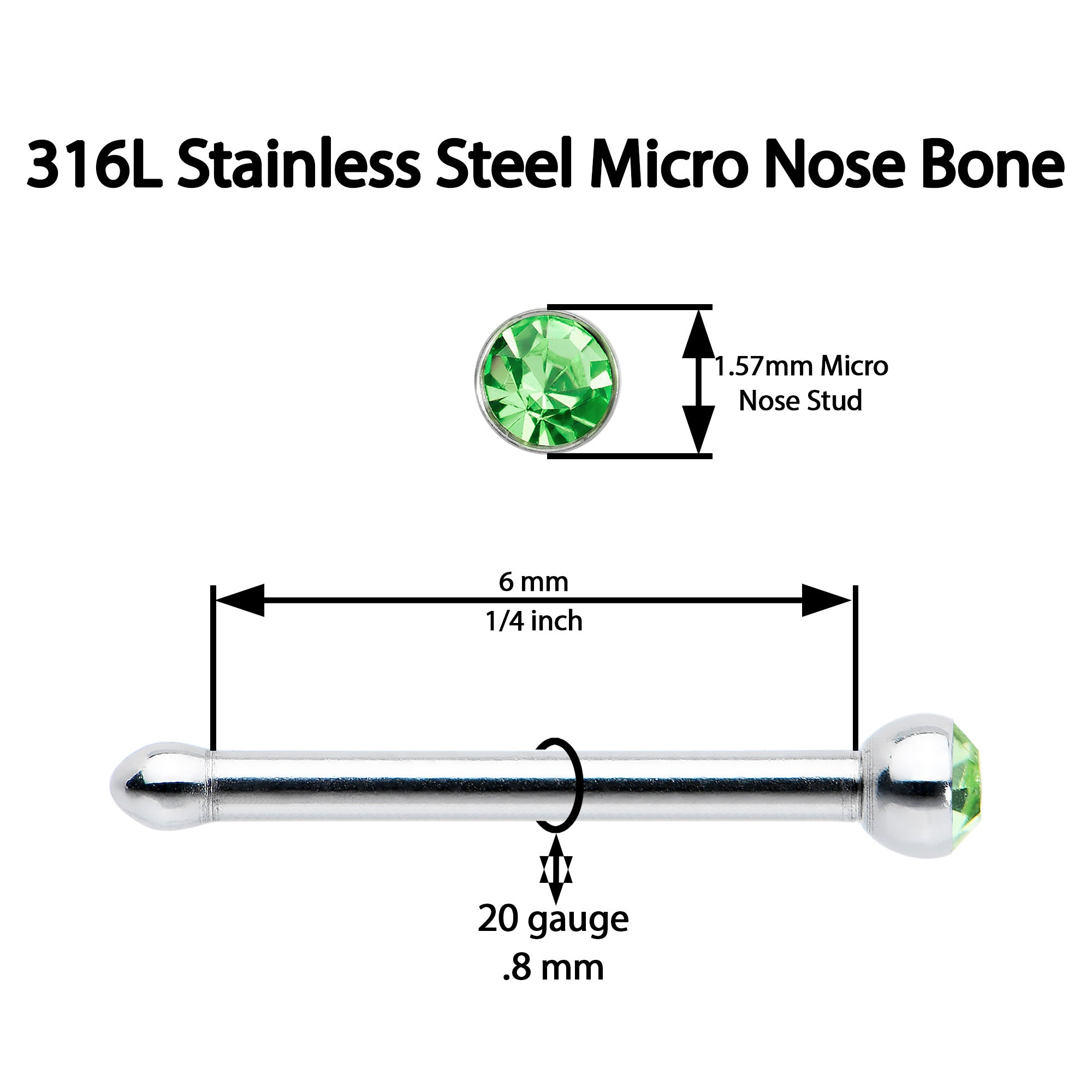 BodyCandy 20G Stainless Steel Green Gem Micro Nose Bone — back view