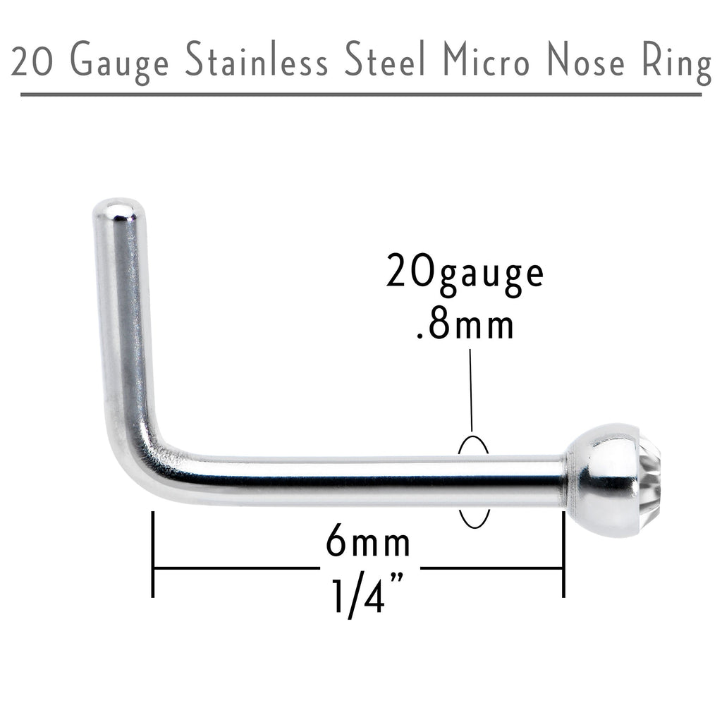 BodyCandy 20G Stainless Steel Clear Gem Micro Nose Ring L-Shaped — back view