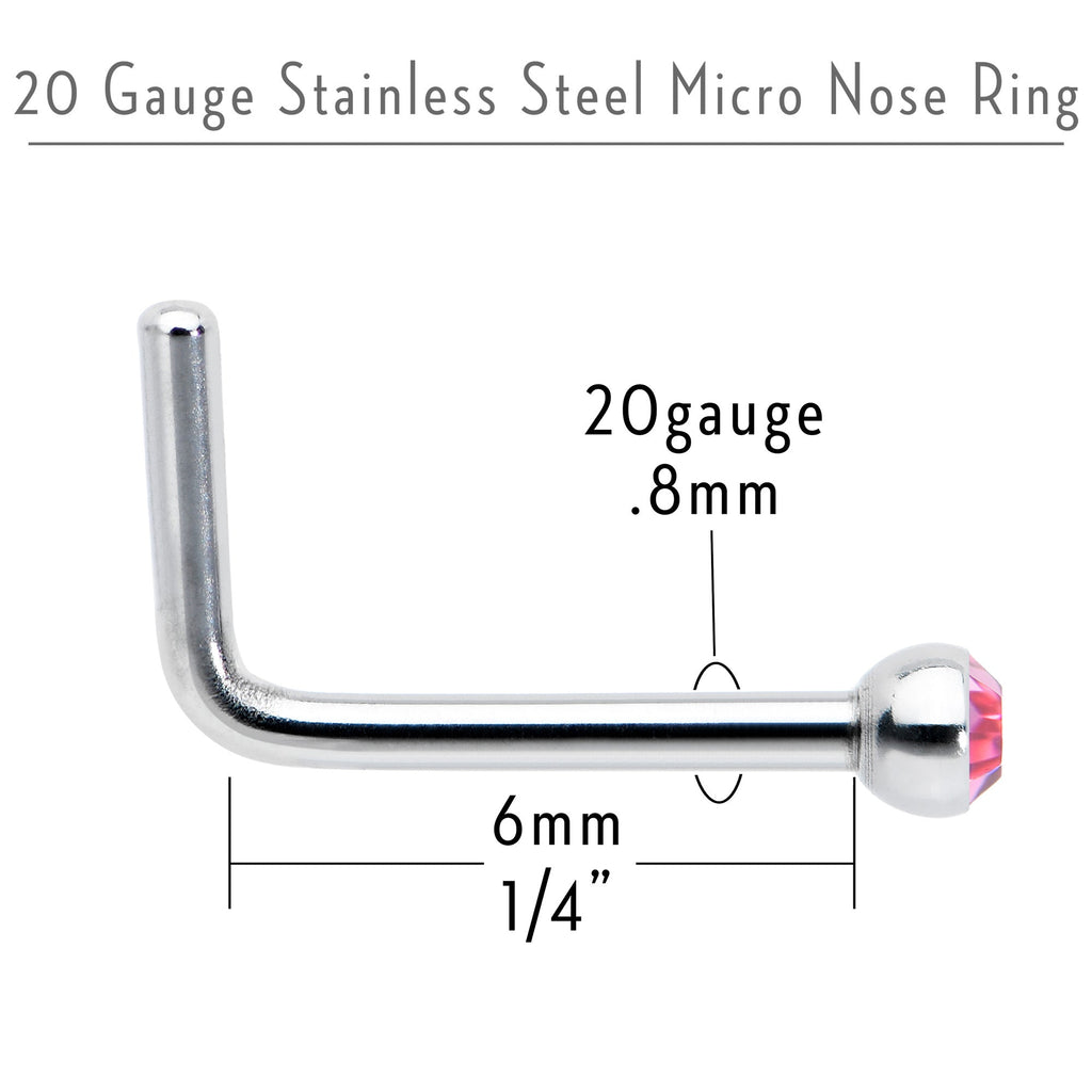 BodyCandy 20G Stainless Steel Pink Gem Micro Nose Ring L-Shaped — back view
