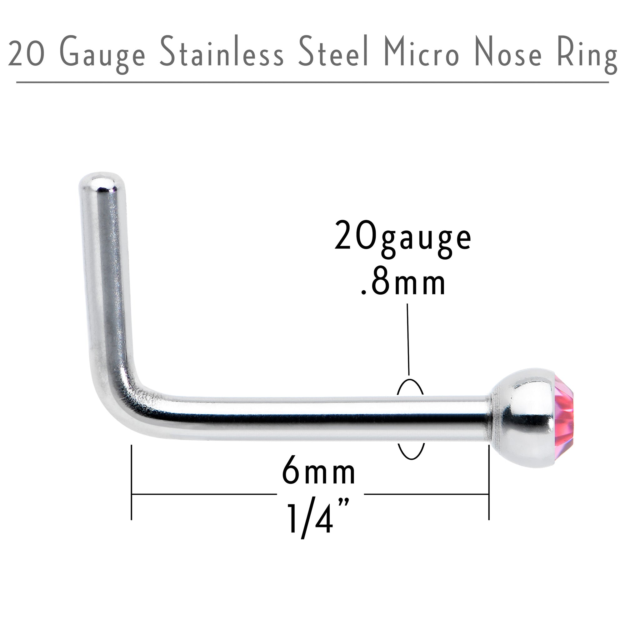 BodyCandy 20G Stainless Steel Pink Gem Micro Nose Ring L-Shaped — back view
