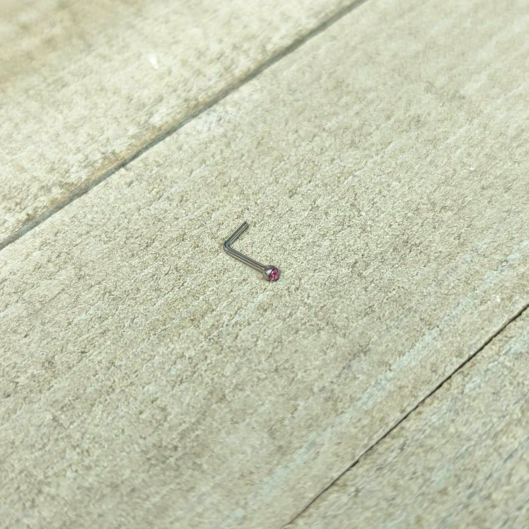 BodyCandy 20G Stainless Steel Pink Gem Micro Nose Ring L-Shaped — in-use photo